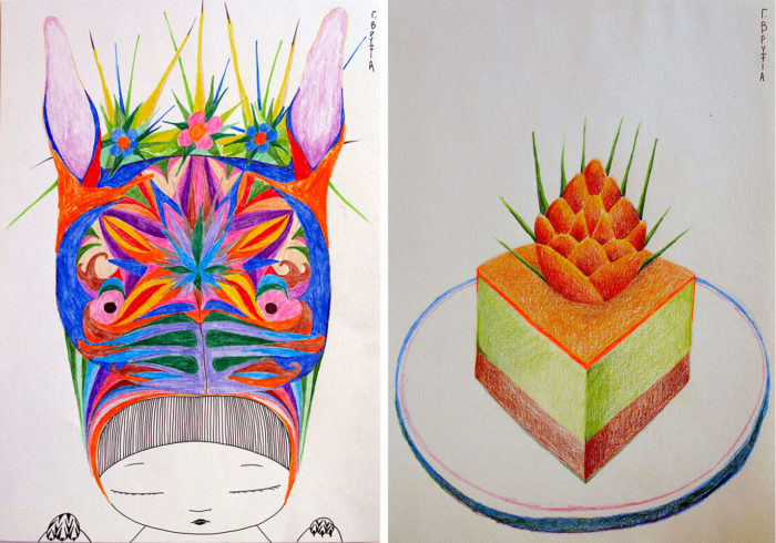 Left: Grigoria Vryttia- Tigress Bunny 01, 2022, Coloured pencils and ink on paper, 29 x 21 cm, © & Courtesy the artist Right: Grigoria Vryttia, Macha Orange Cake, 2022, Coloured pencils and ink on paper 29 x 21 cm, © & Courtesy the artist