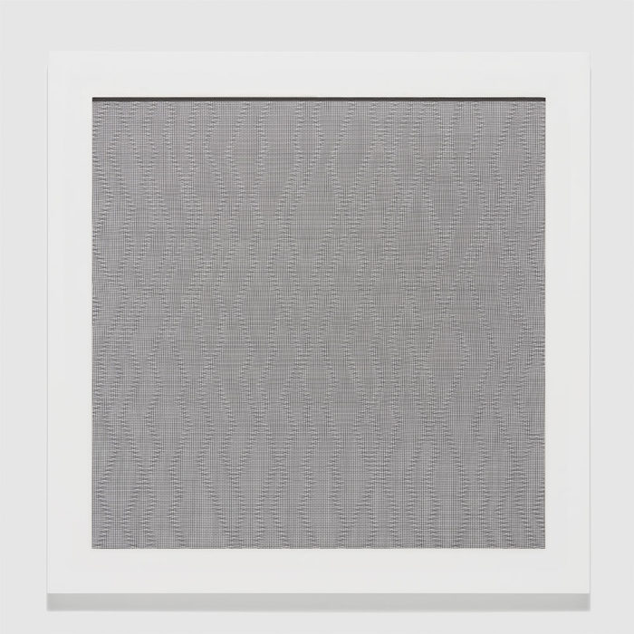 Tara Donovan, Screen Drawing, 2021, aluminum insect screen, 21-1/2" × 21-1/2" × 1-1/4" (54.6 cm × 54.6 cm × 3.2 cm) © Tara Donovan, Courtesy the artist and Pace Gallery
