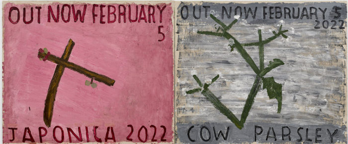 Rose Wylie, OUT NOW, COW PARSLEY AND JAPONICA, Feb 5, 2022. 2022, Oil on canvas in (2) two parts, Each panel: 60 1/4 x 72 inches 153 x 183 cm, Photography: Jack Hems, © Rose Wylie, Courtesy the artist and David Zwirner