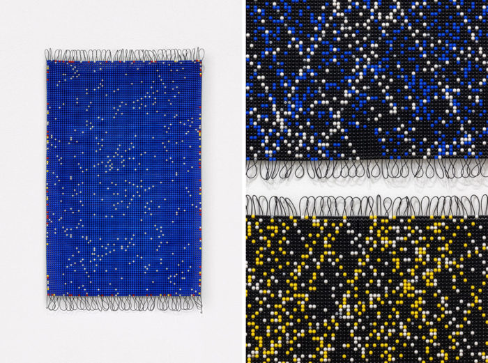 Left: Aldo Grazzi, Loop, plastic beads, 72×47,5 cm, © Aldo Grazzi, Courtesy the artist and Galleria Marignana Arte Right: Aldo Grazzi, Loop (detail), plastic beads, 72×47,5 cm, © Aldo Grazzi, Courtesy the artist and Galleria Marignana Arte