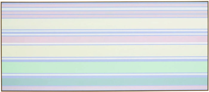 Kenneth Noland, Minted Morning, 2003, acrylic on canvas, 128.5 cm × 297.3 cm (50-9/16" × 9' 9-1/16") framed, © The Kenneth Noland Foundation / Licensed by VAGA at Artists Rights Society (ARS), New York, NY