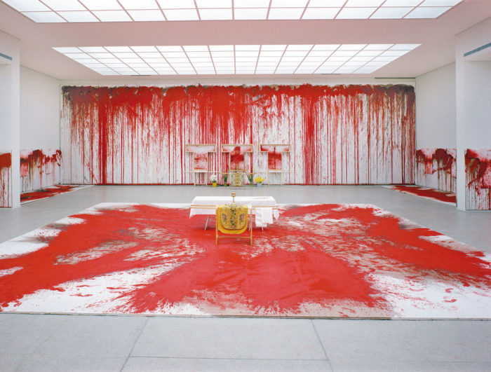 Hermann Nitsch, 20th painting action, 18.2.1987, Secession, Vienna, © Hermann Nitsch Foundation, Courtesy Hermann Nitsch Foundation and Pace Gallery