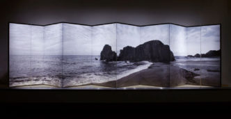 Hiroshi Sugimoto, Tateiwa, 2022, pigment print on Japanese rice paper, mounted to folding screen, 71-1/4 x 279 inches (overall), © Hiroshi Sugimoto, Courtesy the artist and Fraenkel Gallery