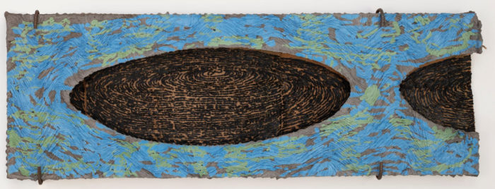 Michael Dean, Unfuckingtitled (!) (FULL EMPTY), 2023, Reinforced concrete and oil paint on sack cloth, 65 x 180 x 15 cm, 25 5/8 x 70 7/8 x 5 7/8 in, © Michael Dean, Courtesy the artist and Mendes Wood DM