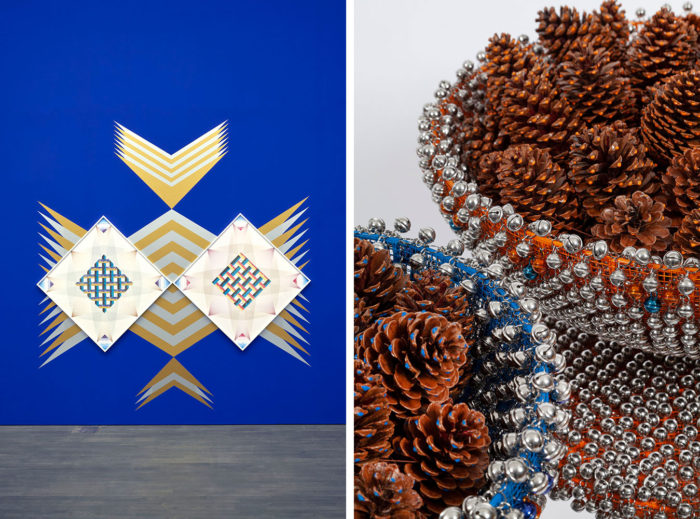 Photo left: Haegue Yang, Owl Glow – Trustworthy #254, 2015. Installation view of Haegue Yang: Several Reenactments, S.M.A.K., Ghent, 2023. Courtesy of the artist. Photo: Dirk Pauwels. Photo right: Haegue Yang, Sonic Pine Spells, 2023 (detail). Courtesy of Galerie Chantal Crousel, Paris. Photo: Studio Haegue Yang
