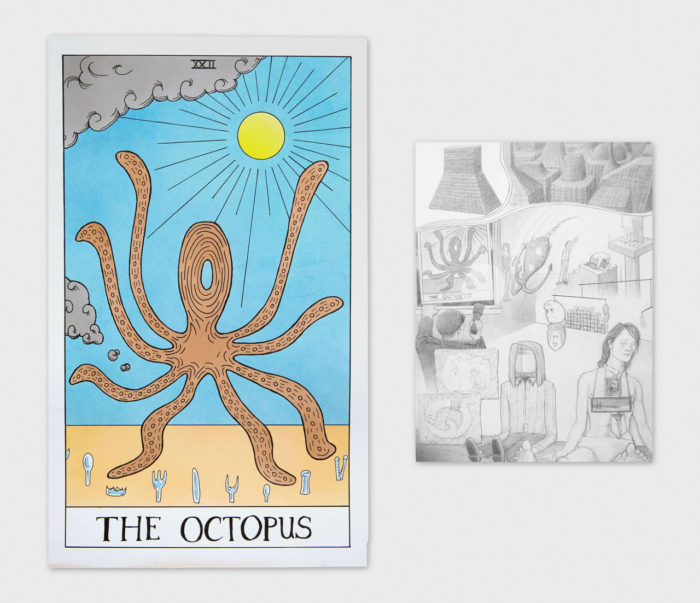 Jim Shaw, Dream Object ("College kids were reminiscing about their innocent days before smoking pot.  They had a pile of stuff they needed to hide from a cop on top of a hill.  A kid watched from a car below & when the narc showed they held a giant octopus tarot card to block the the cops view.") - Dream Drawing (”Using a computer you could visualize sounds.“), 2015, Ink and airbrush on paper / graphite on paper. Dream Object: 20 x 12 in, 50.8 x 30.48 cm, Dream Drawing: 12 1/8 x 8 5/8, 30.5 x 22 cm, © Jim Shaw, Courtesy the artist and Praz-Delavallade Gallery