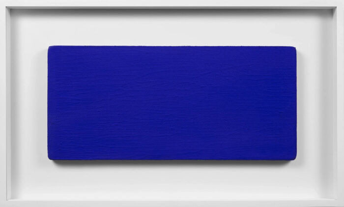 Yves Klein , Monochrome bleu sans titre (ikb 231), 1959, Dry pigment and synthetic resin on linen mounted on panel, Work: 11⅝ × 25 9⁄16 inches (29.5 × 65 cm), Courtesy Lévy Gorvy Dayan Gallery