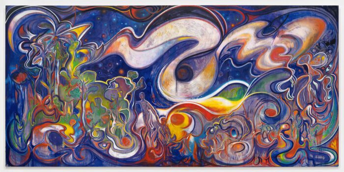 Alejandro Piñeiro Bello, El Misterio de La Noche, 2024, oil on hemp, 118-1/4" × 247-1/2" (300.4 cm × 628.7 cm) © Alejandro Piñeiro Bello, Courtesy the artist and Pace Gallery