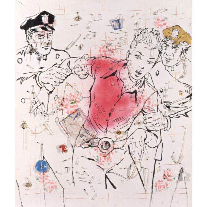 Sigmar Polke, Untitled (Sicherheitsverwahrung) [Preventive Detention], 1979, Dispersion, spray paint, safety pins, razor blades, brooch, sweets on decorative fabric, 130 x 110 cm; Collection Musée d‘Art Toulon, France, ©The Estate of Sigmar Polke/ VG Bild-Kunst, Bonn 2024