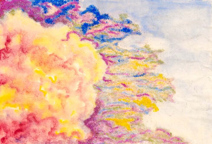 Tia-Thuy Nguyen, Tension so intense (Căng thẳng mãnh liệt), 2024, Quartz, cullet and watercolor on mulberry paper, 35 x 50 cm, 14 x 19 1/2 in (unframed), 50 x 65 cm, 19 1/2 x 25 1/2 in (framed), © Tia-Thuy Nguyen, Courtesy the artist and Almine Rech Gallery