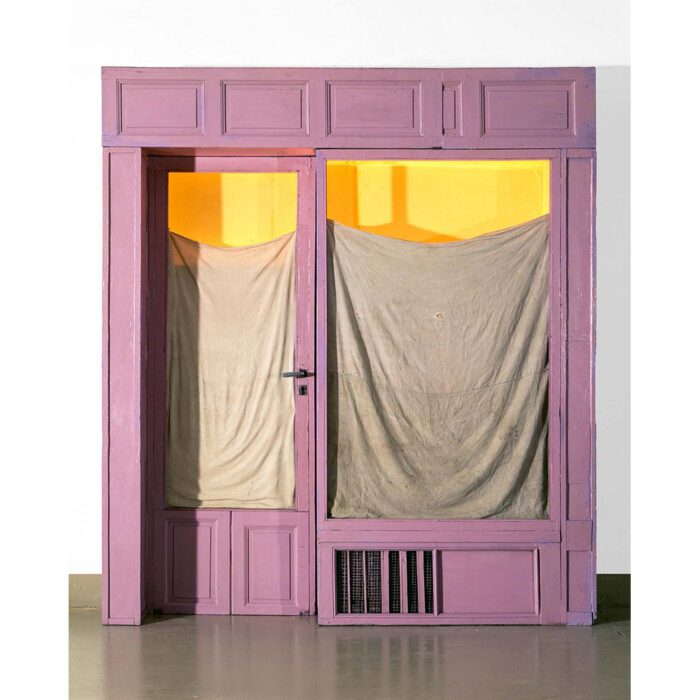 Christo, Purple Store Front, 1964, Wood, enamel paint, acrylic glas, fabric, acrylic paint, paper, wire mesh, door handle and lock, screws, nails, LED light, 235,3 x 220,3 x 34,9 cm, © 2024/2025 ProLitteris, Zürich Creditline: Christo and Jeanne-Claude Foundation Photo Credit: Wolfgang Volz