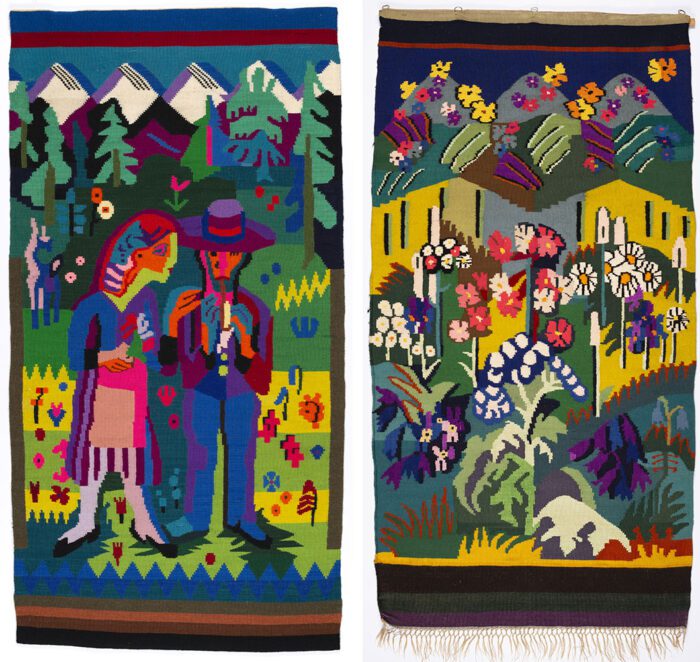 Photo Left: Lise Gujer, Farmer Couple, after 1952, after a design of the tapestry Life von Ernst Ludwig Kirchner, Brücke- Museum, Karl und Emy Schmidt-Rottluff Stiftung © Es- tate Lise Gujer, photo: BKM/Thomas Strub. Photo Right: Lise Gujer, Flower Tapestry, 1938, after a design by Ernst Ludwig Kirchner from 1938, private collection Zu- rich © Estate Lise Gujer, photo: BKM/Thomas Strub