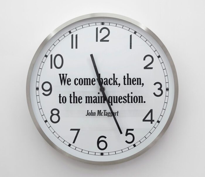 Joseph Kosuth, The Question (J.M.), 2024, Clock and vinyl, Diameter: 190 cm, Depth: 25.2 cm | Diameter: 74 7/8 inches Depth: 10 inches, © Joseph Kosuth, Courtesy Sprüth Magers