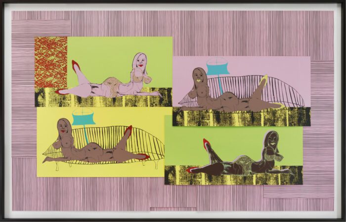 Tschabalala Self, Lonely Girls #2, 2023, Collage of water-based screenprinting ink on Saunders paper, Unique, Sheet 174.5 x 281.5 cm / 68 3/4 x 110 3/4 in, Frame 192 x 298.5 x 6.5 cm / 75 1/2 x 117 1/2 x 2 1/2 in, © Tschabalala Self, Courtesy the artist and Galerie Eva Presenhuber