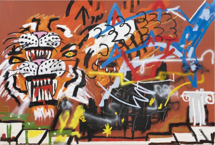 Robert Nava, Dream Tiger, 2024, acrylic and grease pencil on linen, 94" × 140-1/4" (238.8 cm × 356.2 cm), © Robert Nava, Courtesy the artist and Pace Gallery