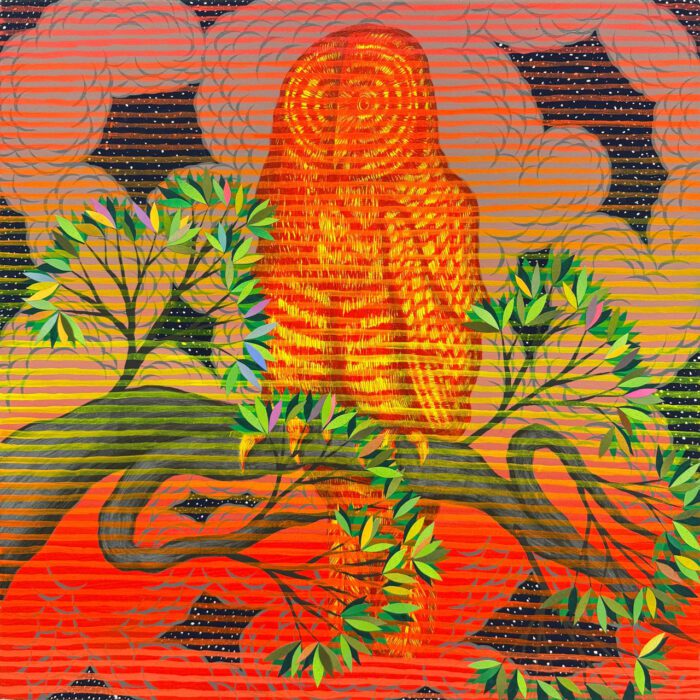 Andrew Schoultz, Golden Owl at Golden Hour, 2025, acrylic, graphite and collage on canvas, 24 x 24 in, 61 x 61 cm, © Andrew Schoultz, Courtesy the artist and Hosfelt Gallery