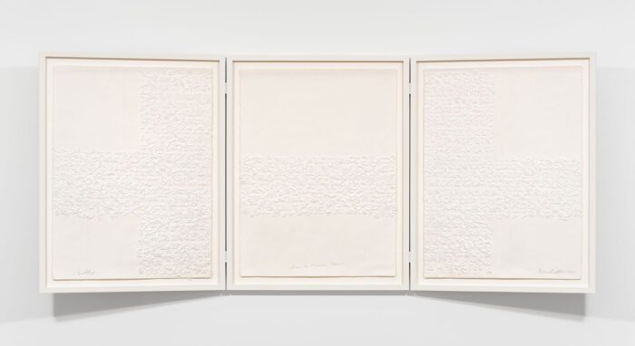 Barbara Chase-Riboud, Across the Phantom Moons, 2020, Silk on Arches paper, Overall: 85.6 x 200.8 x 6 cm / 33 3/4 x 79 x 2 3/8 in (framed), Photo: Nicolas Brasseur, © Barbara Chase-Riboud, Courtesy the artist and Hauser & Wirth Gallery