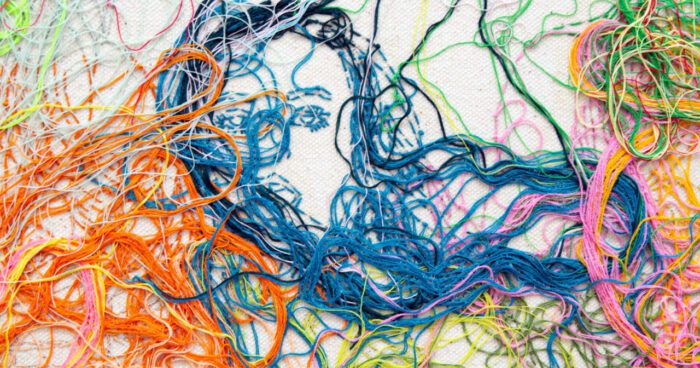 Ghada Amer, THE LILLY PUDDLE [detail], 2025, Embroidery and gel medium on canvas, 88 x 48 inches, 223.5 x 121.9 cm, © Ghada Amer, Courtesy the artist and Marianne Boesky Gallery