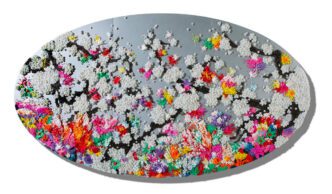 Ran Hwang, Healing oblivious aqua_OS, 2024, Buttons, Hanji Paper, Beads, Pins on Wooden Panels, 78.7 x 141.7 in. / 199.9 x 359.9 cm, © Ran Hwang, Courtesy the artist and Leila Heller Gallery