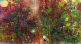 Li Hei Di, Liquid Meadow in the Lust of Dawn, 2022, oil on canvas, 67 × 134 inches, © Li Hei Di. Photo courtesy Pippy Houldsworth Gallery