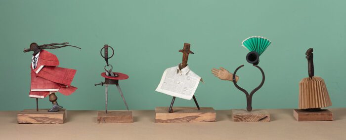 William Kentridge, Quintet for Oh to Believe in Another World, 2023, Paper, cardboard, found objects, metal and wood, Various dimensions, © William Kentridge. All Rights Reserved, DACS 2024, Photo: Thys Dullaart Photography, Courtesy the artist, Goodman Gallery and Hauser & Wirth