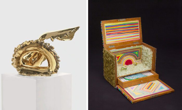 Photo left: Lynda Benglis, Winged Victory, 2024, everdur bronze, 25-3/16" × 32-3/4" × 21-7/16" (64 cm × 83.2 cm × 54.4 cm), Courtesy Pace Gallery. Photo right: Lucas Samaras, Box #90, 1974, mixed media, 14-1/2" x 12" x 16" (36.8 cm x 30.5 cm x 40.6 cm), open 9" x 11-1/2" x 7-1/2" (22.9 cm x 29.2 cm x 19 cm), closed, ), Courtesy Pace Gallery