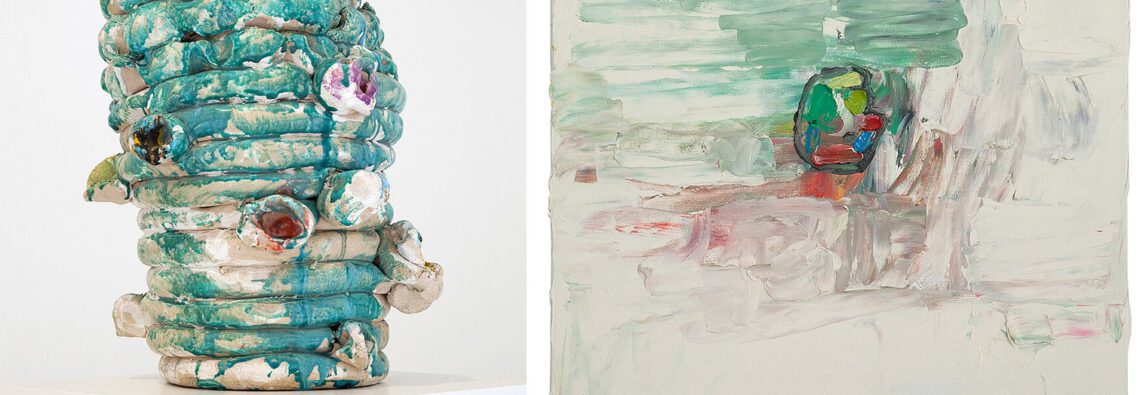 Photo left: Norbert Prangenberg, Figur, ca. 1998, Terracotta, glazed, h: 49.5 cm ø 30 cm (h: 19 1/2 in ø 11 3/4 in), Courtesy Galerie Karsten Greve. Photo right: Norbert Prangenberg, Der Maler, 2009, Oil on canvas, 50 x 40 cm (19 2/3 x 15 3/4 in), Signed, titled, dated und inscribed verso on the hole screen: Norbert Prangenberg „Der Maler“, 6.1.2009 in Brunnen Niederarnbach, Courtesy Galerie Karsten Greve
