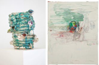 Photo left: Norbert Prangenberg, Figur, ca. 1998, Terracotta, glazed, h: 49.5 cm ø 30 cm (h: 19 1/2 in ø 11 3/4 in), Courtesy Galerie Karsten Greve. Photo right: Norbert Prangenberg, Der Maler, 2009, Oil on canvas, 50 x 40 cm (19 2/3 x 15 3/4 in), Signed, titled, dated und inscribed verso on the hole screen: Norbert Prangenberg „Der Maler“, 6.1.2009 in Brunnen Niederarnbach, Courtesy Galerie Karsten Greve