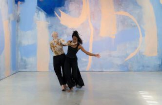 Megan Rooney, Spin Down Sky, 2024. Choreographed by Temitope Ajose. Performed by Temitope Ajose and Leah Marojević. Sound composition by , tyroneisaacstuart. Directed by Megan Rooney. For Echoes & Hours, Kettle’s Yard, Cambridge. Photo: Camilla Greenwell, Courtesy Megan Rooney and Thaddaeus Ropac Gallery