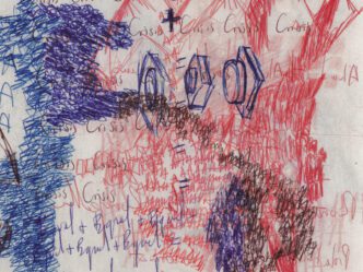 Oscar Murillo, flight #98, 2018, detail, Pen, pencil and graphite on paper, in artists frame, 12 1/4 x 16 1/2 inches (30.9 x 41.9 cm), © Oscar Murillo, Photo: Tim Bowditch and Reinis Lismanis, Courtesy the artist and Gagosian