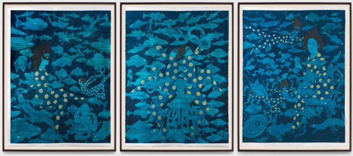 Marcel Dzama, Blue water blues, 2024, Pearlescent acrylic ink, watercolor, and graphite on paper, Triptych, Overall: 70 1/2 x 156 inches (179.1 x 396.3 cm), Overall, framed: 76 x 172 1/2 inches (193 x 438 cm), Signed recto; signed, titled, dated, and inscribed verso, © Marcel Dzama, Courtesy the artist and David Zwirner Gallery
