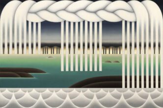 akako Yamaguchi, Procession, 2024, oil and metal leaf on canvas, 40 × 60 in. (101.6 × 152.4 cm). Courtesy of the artist; Ortuzar, New York; and as-is.la, Los Angeles. Photo: Gene Ogami