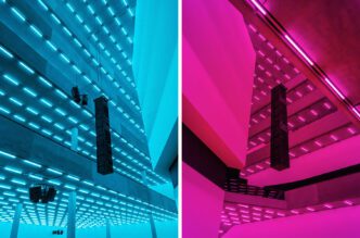 left & right: Steve MᶜQueen, Bass, 2024, LED Light and Sound, Courtesy the artist, Co-commissioned work by Laurenz Foundation, Schaulager Basel and Dia Art Foundation, 15 June – 16 November 2025, Schaulager® Münchenstein/Basel (Installation view), Photo: Pati Grabowicz, © Steve MᶜQueen