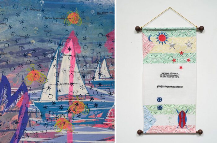 Photo Left: Tammy Nguyen, From the First Hour to the One after the Sun (detail), 2025, Watercolor, vinyl paint, pastel, silkscreen printing, rubber stamping, hot stamping, and metal leaf on paper stretched over wood and gator board panel, 70 x 48 x 2 inches, 177.8 x 121.9 x 5.1 cm, © Tammy Nguyen, Courtesy the artist and Lehman Maupin Gallery. Photo Right: Tammy Nguyen, Revolutions of the Same and the Other (São Tomé and Príncipe, Equatorial Guinea), 2024, Embroidered Belgium linen works with wooden dowels, sound elements, 22 1/2 x 13 inches, 57.1 x 33 cm, © Tammy Nguyen, Courtesy the artist and Lehman Maupin Gallery