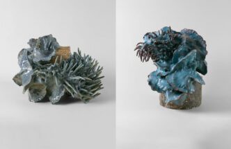 left: Nathalie Khayat, CREAK, 2025, Glazed stoneware, 16 x 19 1/2 x 16 1/2 inches, 40.6 x 49.5 x 41.9 cm, © Nathalie Khayat, Courtesy the artist and Marianne Boesky Gallery right: Nathalie Khayat, THE DEVOURING OF YOU, 2025, Glazed stoneware, 21 1/2 x 23 x 19 1/2 inches, 54.6 x 58.4 x 49.5 cm, © Nathalie Khayat, Courtesy the artist and Marianne Boesky Gallery