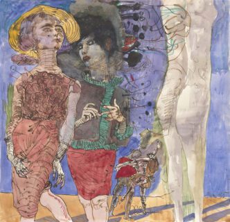 Werner Tübke, Women on the Street. On ʻLife Memories of Doctor of Law Schulze III’, 1965 Watercolour, pen and brown ink, on wove paper, 290 x 301 mm, Städel Museum, Frankfurt am Main © VG Bild-Kunst, Bonn, 2025