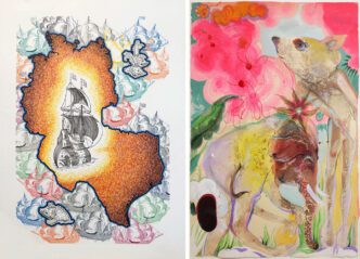 Photo left: Lordy Rodriguez, Texas Germany, 2025, ink on paper. 30 x 21 1/2 in, 76.2 x 54.6 cm, © Lordy Rodriguez, Courtesy Hosfelt Gallery. Photo right: Rina Banerjee, I am not afraid of you said the Elephant to the Rodent, 2022, acrylic and ink on paper, 15 x 12 in, 38.1 x 30.5 cm, Courtesy Hosfelt Gallery