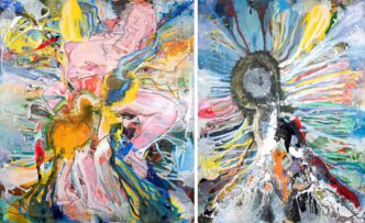 Left: Christian Eisenberger, Untitled (Akt), 2025, acrylic and silicone on canvas, 200 x 150 cm, © Christian Eisenberger, Courtesy the artist and Galerie Krinzinger Right: Christian Eisenberger, Untitled, 2025, Acrylic on canvas, 200 x 150 cm, © Christian Eisenberger, Courtesy the artist and Galerie Krinzinger