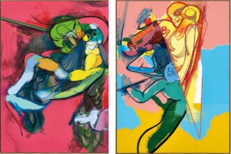 Photo left: Daniel Richter, Angst, mein BROT, 2024m Oil on canvas, 220 × 165 cm (86.61 × 64.96 in), © Daniel Richter, Courtesy the artist and Thaddaeus Ropac Gallery. Photo right: Daniel Richter, Angst, mein FUN, WOHIN, 2024, Oil on canvas, 230 × 170 cm (86.61 × 64.96 in), © Daniel Richter, Courtesy the artist and Thaddaeus Ropac Gallery