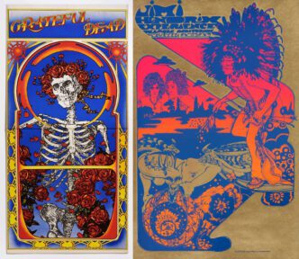 Photo left: Alton Kelly, Grateful Dead Live: 'Skull and Roses' (Warner Bros Records) - 1971. Cardboard LP sleeve cover. Grateful Dead: Live (1971), Aoxomoxoa (1969) and Blues For Allah (1975) Album Covers Courtesy of Warner Bros. Records. Photo right: Hapshash & the Coloured Coat: Michael English and Nigel Waymouth, Jimi Hendrix Experience - Fillmore Auditorium, 20-26 June, 1967. Silk screen print, 1967