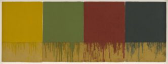 Brice Marden, River Study 2, 2015, Oil and graphite on handmade paper, four sheets, 22 1/2 x 60 inches (57.2 x 152.4 cm), © 2025 Estate of Brice Marden/Artists Rights Society (ARS), New York, Photo: Maris Hutchinson, Courtesy the Estate of Brice Marden and Gagosian