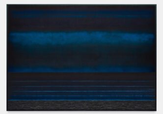 Teresita Fernández, Liquid Horizon 4, 2025, Solid charcoal, sand, and mixed media on aluminum panel, 60 x 84 x 2 inches, 152.4 x 213.4 x 5.1 cm, © Teresita Fernández, Courtesy the artist and Lehmann Maupin Gallery