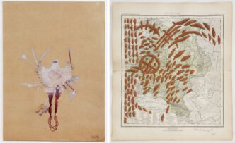 Photo left: Shahzia Sikander, A Kind of Slight and Pleasing Dislocation (Veiled Shiva), 1995, vegetable color, watercolor, dry pigment and tea water on wasli handmade paper, 11 x 8 in, 27.9 x 20.3 cm, © Shahzia Sikander, Courtesy the artist and Todd Hosfelt Gallery. Photo right: Alexandre Kyungu Mwilambwe, Nzoloko of Russia, 2021, wood dust and glue on found paper, 13 x 11 in, 33 x 28 cm, © Alexandre Kyungu Mwilambwe, Courtesy the artist and Todd Hosfelt Gallery