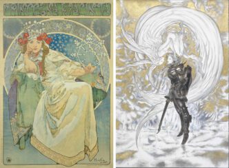  Photo left: Alphonse Mucha, Princess Hyacinth, 1911, © Mucha Trust 2024. Photo right: Yoshitaka Amano, Final Fantasy XIV Adventurer and God of Storms, 2010, FINAL FANTASY XIV_ (C) SQUARE ENIX CO LTD, All Rights Reserved IMAGE ILLUSTRATION (C) YOSHITAKA AMANO