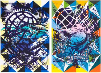 Left: Christine Streuli, Daily_news_03, 2025, Acrylic and varnish on canvas, 250 x 170 cm (98 ⅜ x 66 ⅞ in.), © Christine Streuli, Courtesy the artist and Galerie Peter Kilchman Right: Christine Streuli, Daily_news_04, 2025, Acrylic and varnish on canvas, 250 x 170 cm (98 ⅜ x 66 ⅞ in.), © Christine Streuli, Courtesy the artist and Galerie Peter Kilchman