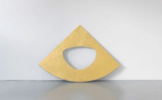 Jone Kvie, Marble Slant, 2023, Carrara marble and gold leaf, 120 x 120 x 4 cm, 47.24 x 47.24 x 1.57 in, Edition of 3 plus 1 AP, © Jone Kvie, Courtesy the artist and NILS STÆRK Gallery