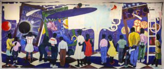 Kerry James Marshall, Knowledge and Wonder, 1995. Oil on canvas, 294.6 x 698.5 cm. City of Chicago Public Art Program and the Chicago Public Library, Legler Regional Library © Kerry James Marshall. Photo: Patrick L. Pyszka, City of Chicago