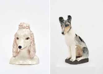 Left: Klara Kristalova, Pastel Pink, 2023 Painted and glazed porcelain, 34 x 24 x 25 cm, © Klara Kristalova, Courtesy the artist and Lehmann Maupin Right: Klara Kristalova, Zenga as a young girl, 2024 Glazed stoneware, 46 x 18 x 34 cm, 18 1/8 x 7 1/8 x 13 1/2 inches, © Klara Kristalova, Courtesy the artist and Perrotin