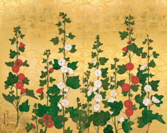 akashi Murakami, Tachiaoi-zu, 2025, Acrylic and gold leaf on canvas mounted on aluminum frame, 59 7/8 x 74 7/8 inches (152 x 190 cm), ©2025 Takashi Murakami/Kaikai Kiki Co., Ltd. All Rights Reserved, Courtesy the artist and Gagosian