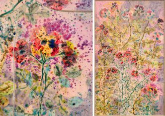 Left: Sam Falls, Naturaliter Maiorennes (detail), 2025, Glazed ceramic with glass in brass frame, 145.5 x 88.5 cm / 57 1/4 x 34 3/4 in, © Sam Falls, Courtesy the artist and Galerie Eva Presenhuber Right: Sam Falls, Naturaliter Maiorennes, 2025, Glazed ceramic with glass in brass frame, 145.5 x 88.5 cm / 57 1/4 x 34 3/4 in, © Sam Falls, Courtesy the artist and Galerie Eva Presenhuber